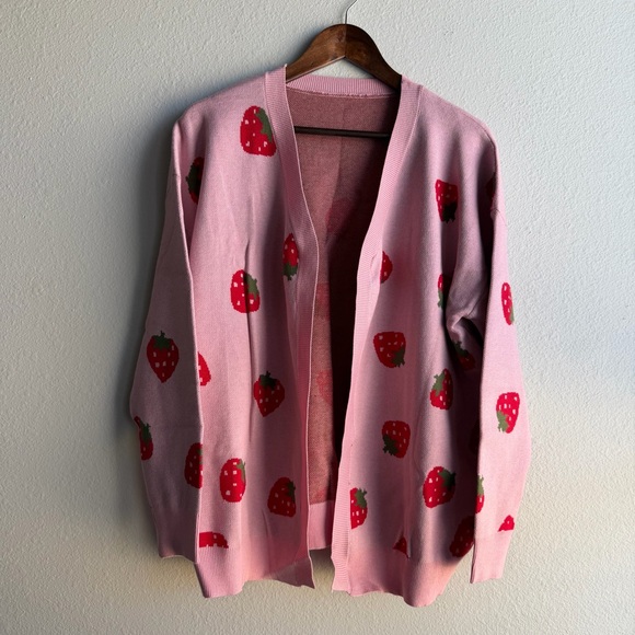 no brand Sweaters - Women’s Pink Strawberry Knit Cardigan Oversized Open Front Sweater Cozy XXL (B)